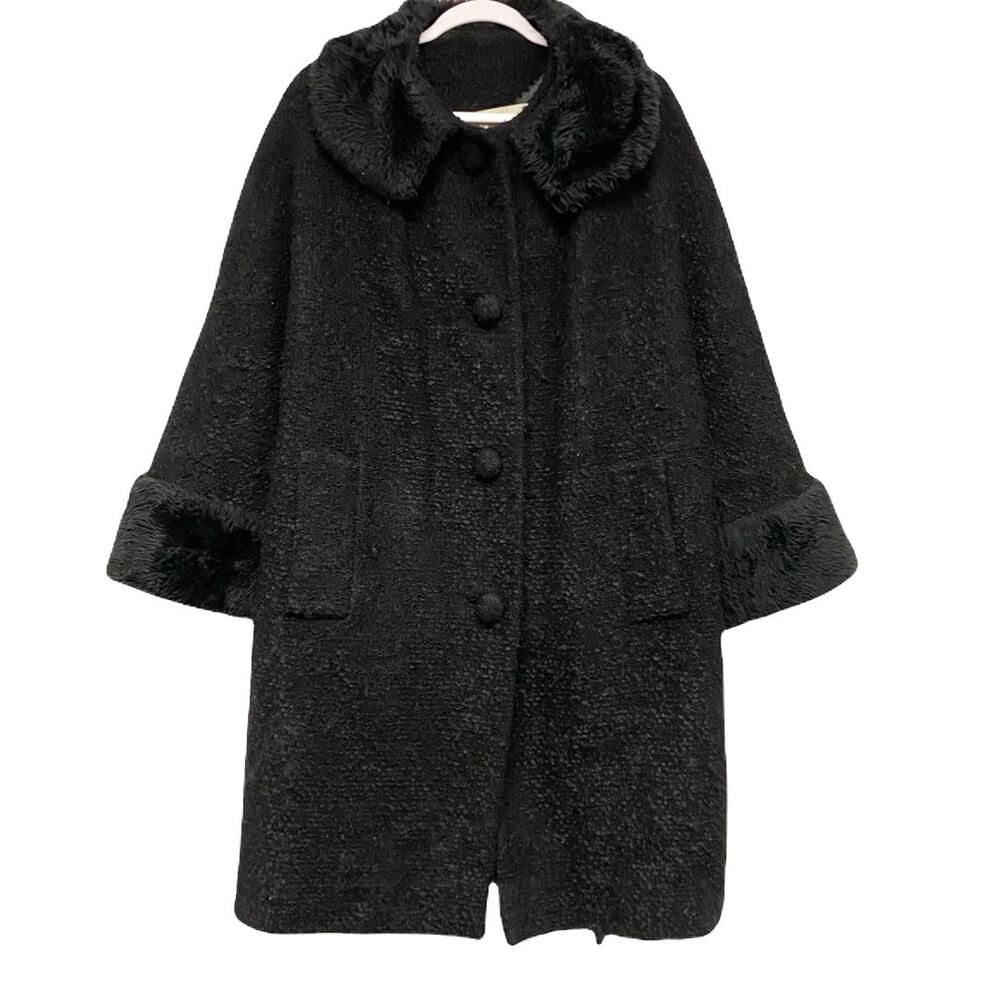 Vintage Bullocks Pasadena Womens Black 50s 60s Fur Trim Coat